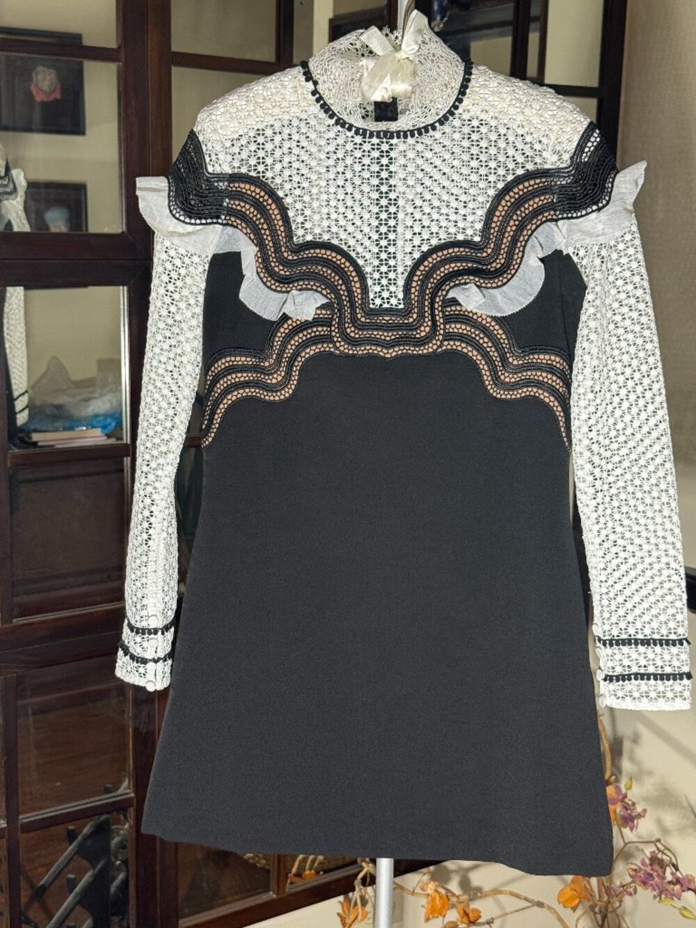 Self-Portrait Lace Mini Dress White / Black Lace Sleeves and Top Size UK 8 US 4